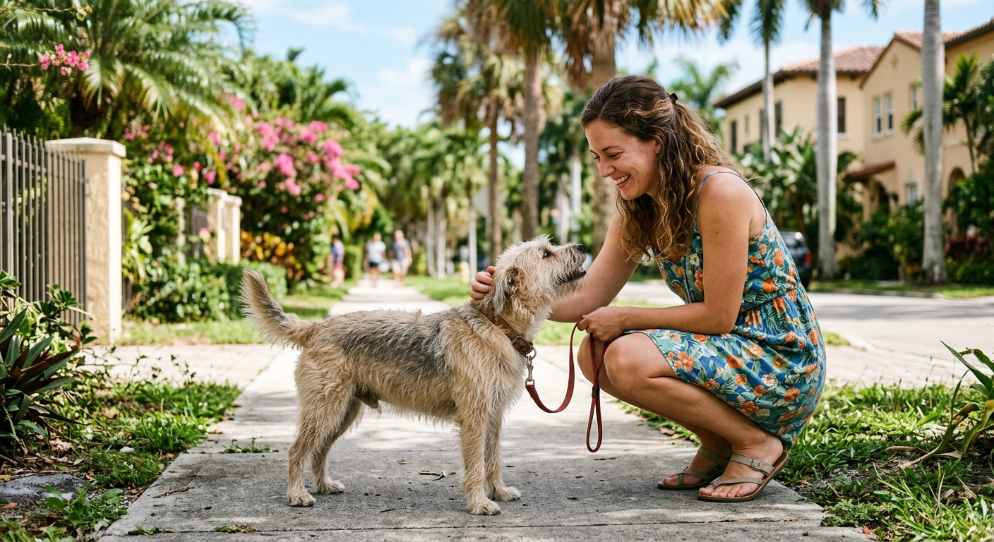 Une femme accroupie salue un chien sur un trottoir de quartier