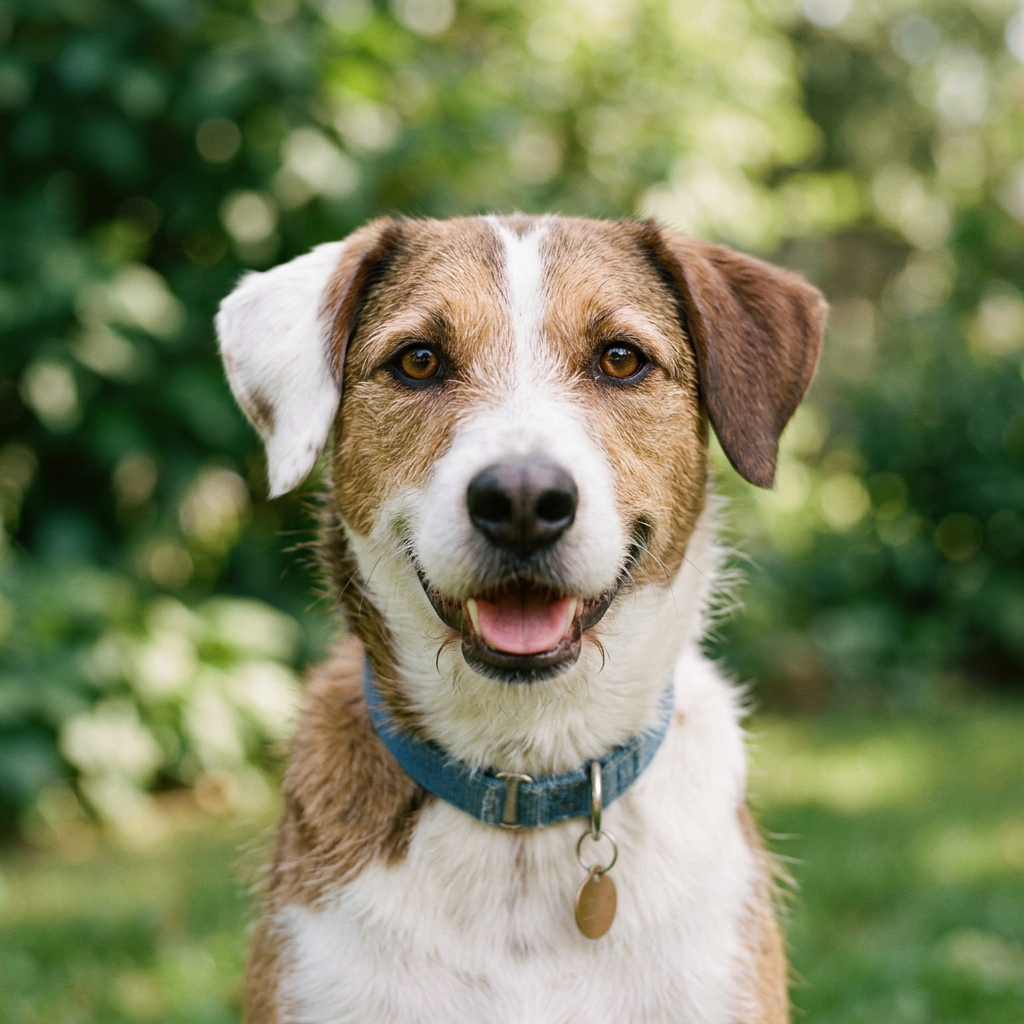 Milo, un chien brun et blanc, photo d’une fiche d’exemple